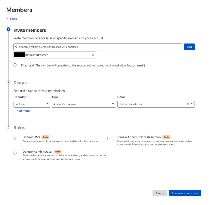 Membership invitation page with users, scope, and role selection.