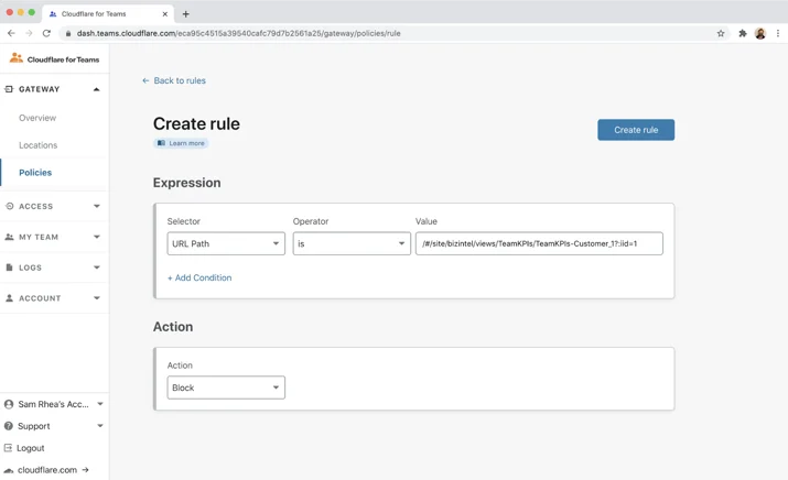 We can use Cloudflare Gateway to solve that problem. Gateway provides the ability to restrict certain URLs to groups of users; this allows us to add rules that only let specific team members reach records that live at known URLs.